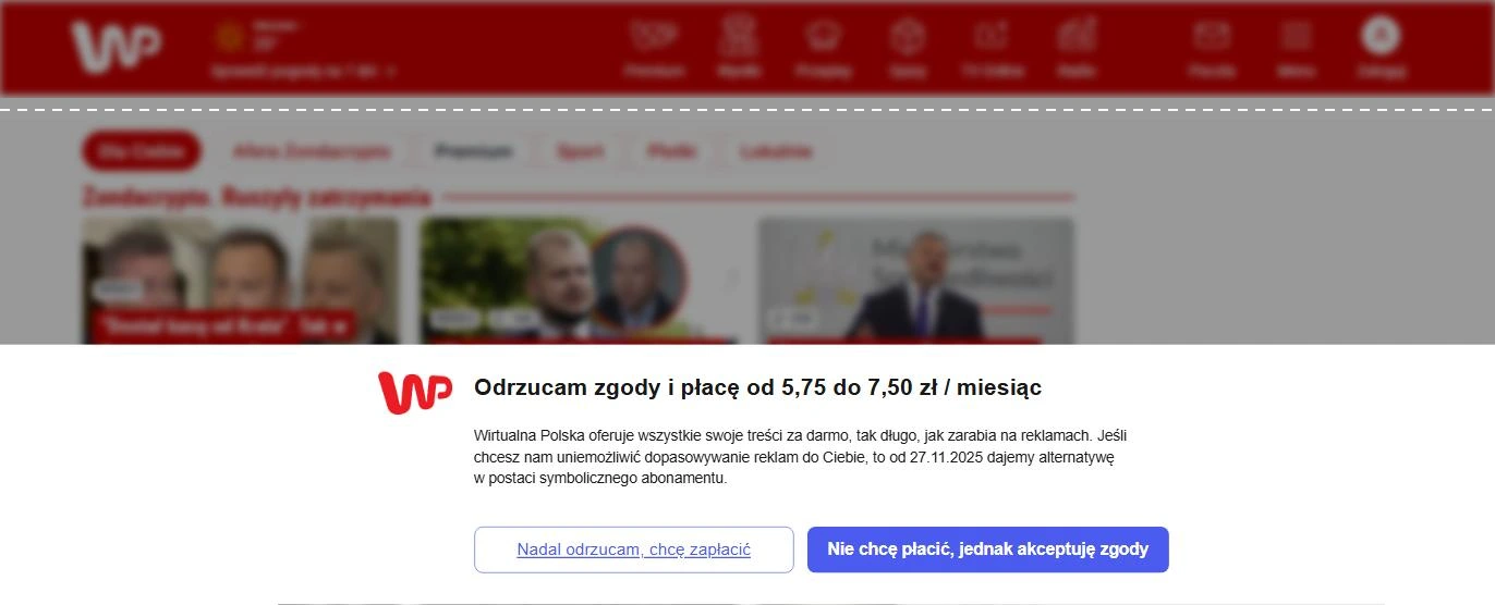 WP after refusing: the screen “Odrzucam zgody i płacę od 5,75 do 7,50 zł / miesiąc”.