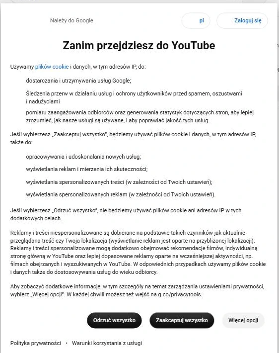 YouTube: “Odrzuć wszystko” and “Zaakceptuj wszystko” buttons on the first screen of the banner.